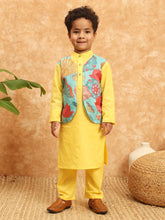 Yellow Cotton Kurta Set with Green Leaf Jacket Boy